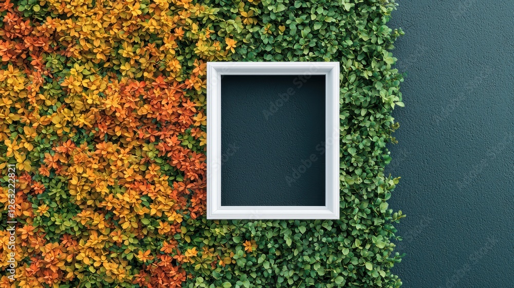 Poster a vintage window frame repurposed as a vertical garden, with an array of colorful flowers and traili