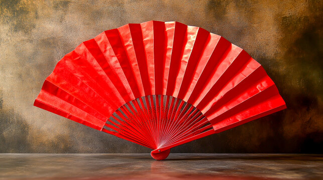 A red oriental paper fan displayed in an open position, showcasing intricate folds and exquisite craftsmanship, often used in traditional cultural performances