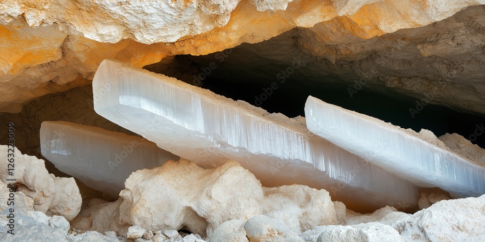 Poster a pile of ice blocks in a cave. the ice blocks are stacked on top of each other and are surrounded b