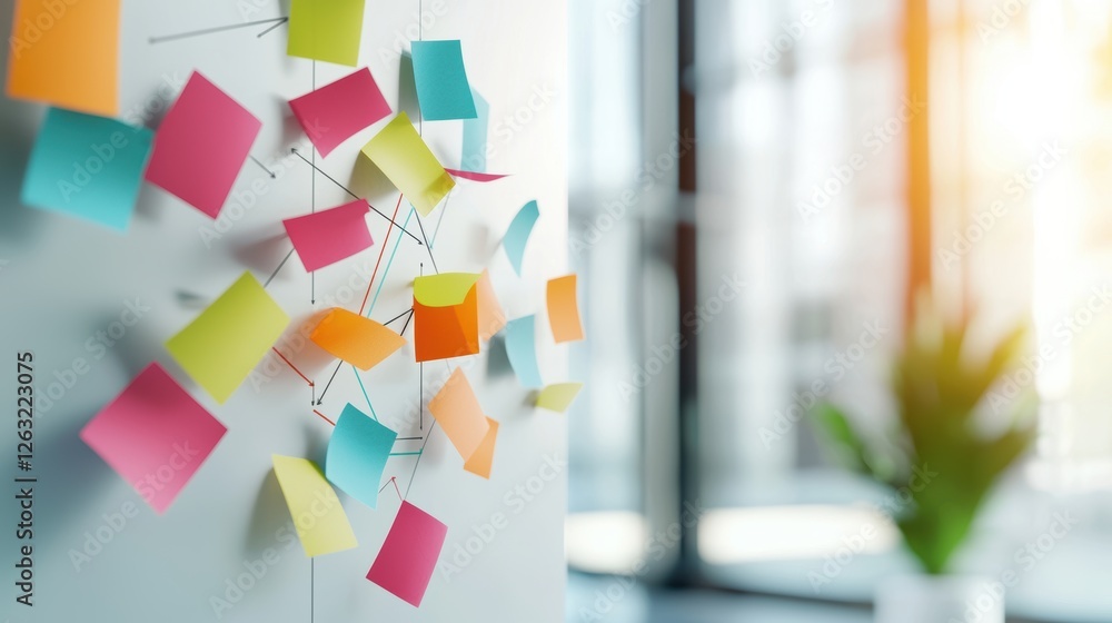 Poster a large whiteboard filled with colorful sticky notes, interconnected with lines and arrows, represen