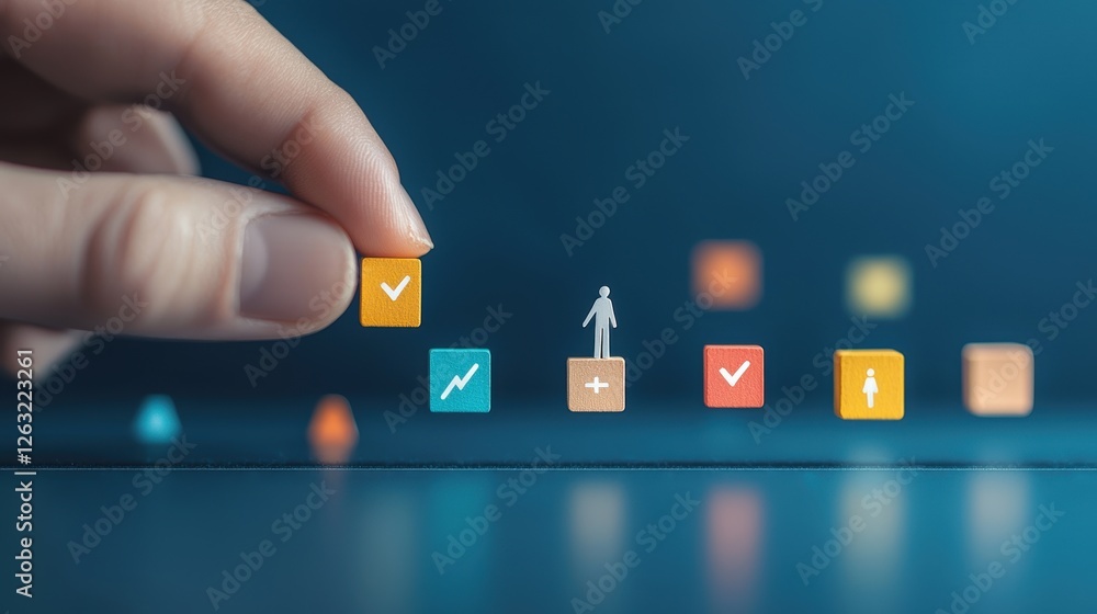 Poster a close up shot of a hand adjusting a miniature figure on a kanban board, illustrating the agile met