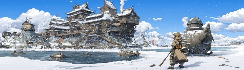 Snowy village harbor, traveler & mountains. Game background