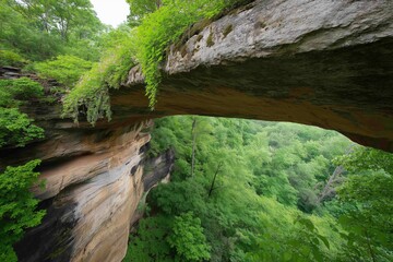 Obraz premium A bridge over a forest with a green canopy. The bridge is high and the trees are lush and green