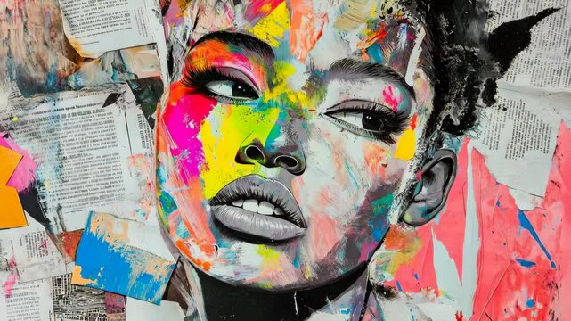 Vibrant abstract portrait of African American woman in colorful expressive paint collage, 4k video