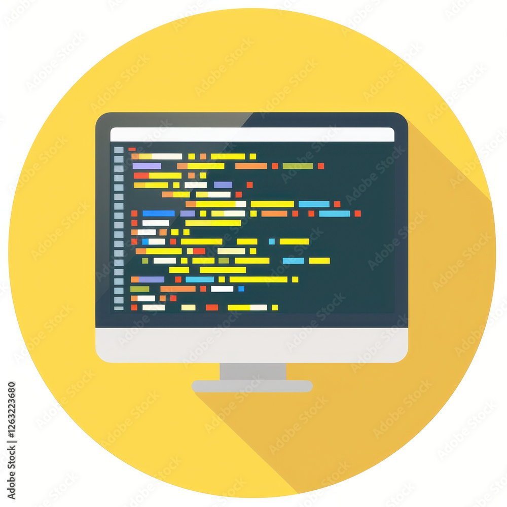 Fototapete coding symbols on computer screen with colorful text on yellow background