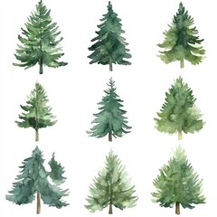 Obraz premium Watercolor Illustrations of Nine Evergreen Trees