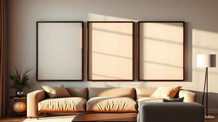 Three vertical ISO A2 frame mockup, mockup poster on the wall of living room. Interior mockup. Warm Lighting. Modern interior design. 3D render, 3D visualization. Cozy interior in warm beige colors