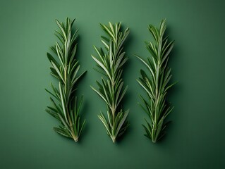 Obraz premium Fresh rosemary sprig on a green background, top-down view. A natural seasoning for culinary use, organic dishes, and homemade recipes. 