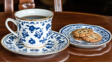 Elegant Blue and White Ceramic Tea Set with Coffee and Chocolate Chip Cookies on Wooden Table
