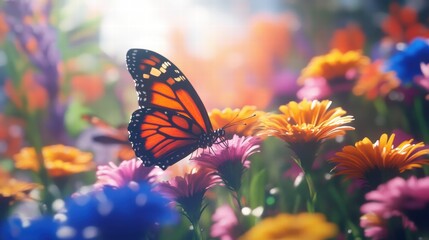 Butterflies fluttering around a colorful flower garden