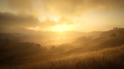 Fototapeta premium Golden sunrise over a misty mountain valley.