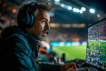 Obraz premium Sports commentator wearing headset broadcasting live soccer game from stadium press box, using computer