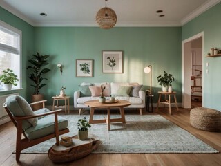Fototapeta premium Serene Green Living Room With Plants And Wooden Furniture