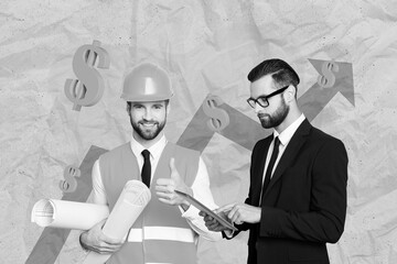 Collage advertisement of working business manager hold tablet near professional builder thumb up...