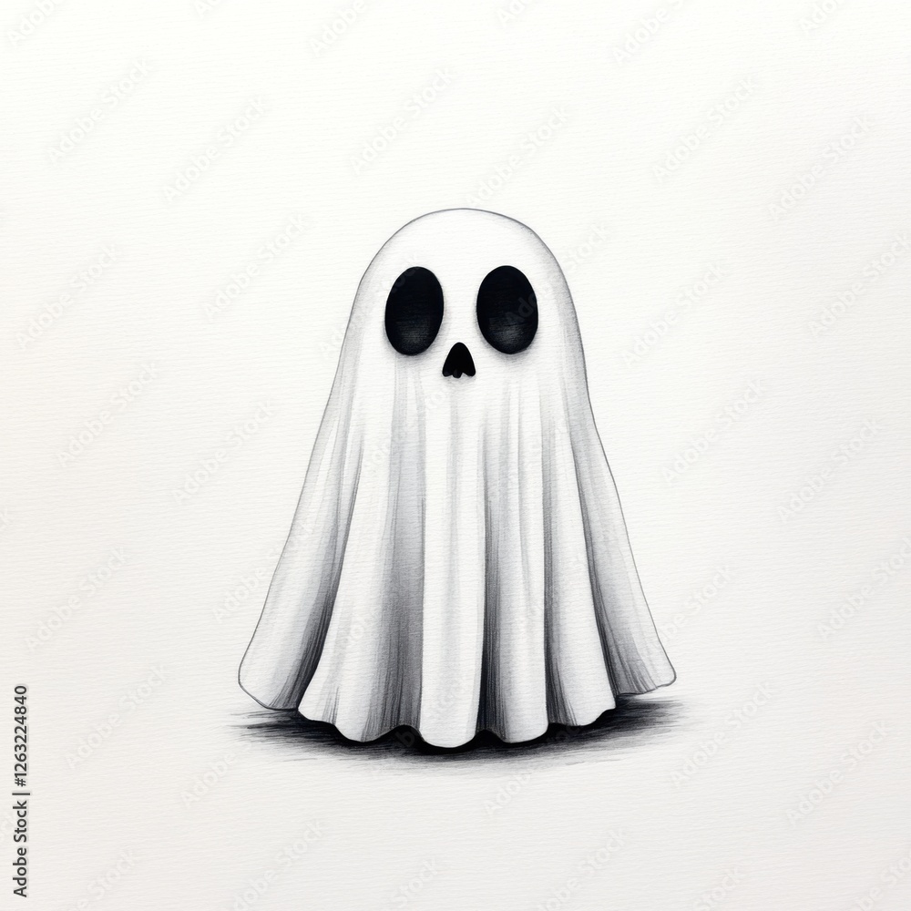 Poster adorable cartoon ghost character with large eyes and a playful expression on a plain background
