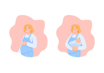 Pregnancy and parenthood concept illustrations - various scenes with a pregnant woman and a woman holding a newborn baby. Vector illustration