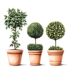 Fototapeta premium Three potted plants in terracotta pots stand in a row
