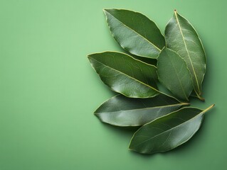 Obraz premium Fresh bay leaves on a green background, top-down view. Ideal for illustrating cooking, natural spices, and herbs. 