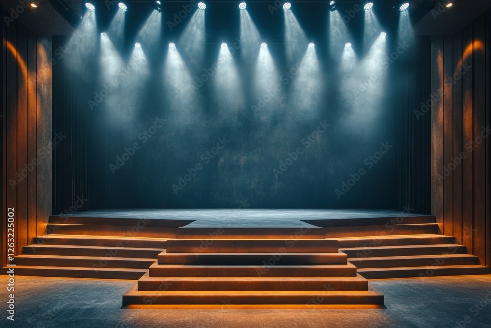 Poster spotlights illuminating an empty stage with steps and a grunge wall, creating an atmosphere of antic