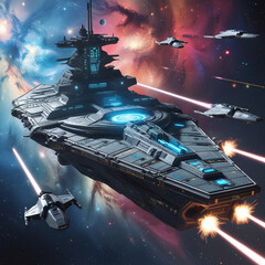 Epic Space Battle with Futuristic Warships and Starfighters in a Galactic War Scene, Generated with AI