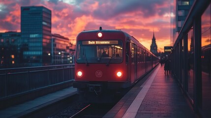 Naklejka premium Urban train at sunset station platform