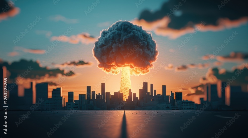 Poster a mushroom cloud rising above a city skyline, casting a long shadow and symbolizing the devastating 