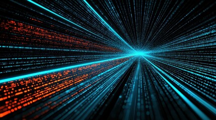 Fototapeta premium A captivating visual of glowing blue and red lines representing data streams, converging towards a bright center, evoking a sense of speed and digital connectivity.