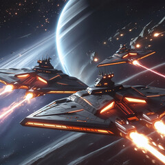 Epic Space Battle with Futuristic Warships and Starfighters in a Galactic War Scene, Generated with AI