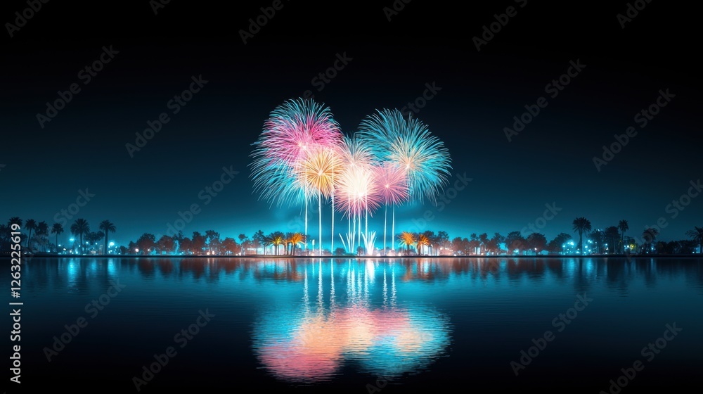Poster fireworks reflected in the water below, creating a doubled image of the colorful explosions and addi