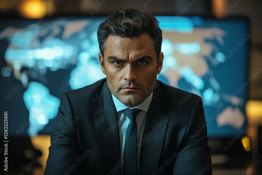 Poster businessman in suit working in his office at night, monitoring global activity on a computer screen 