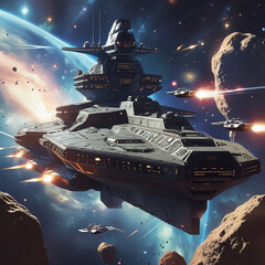 Epic Space Battle with Futuristic Warships and Starfighters in a Galactic War Scene, Generated with AI
