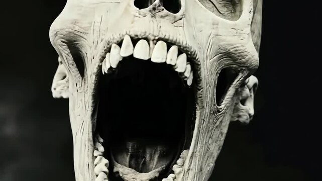 Screaming Skull Sculpture with Open Mouth on Dark Background, 4k video