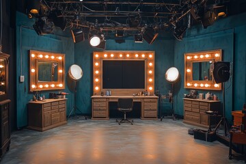 Empty makeup room with illuminated mirrors, chairs, and beauty products, creating a backstage atmosphere in a theater or television studio