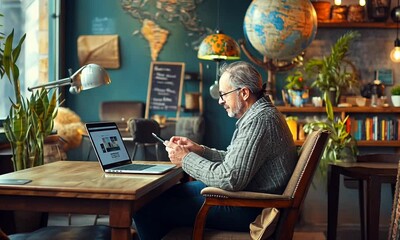 Senior man working on a laptop in a cozy caf? with plants and a world map in the background - Powered by Adobe