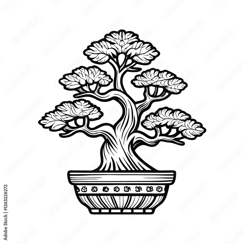 Poster create an editable stroke vector graphic of a bonsai tree elegantly displayed in a minimalist pot, s