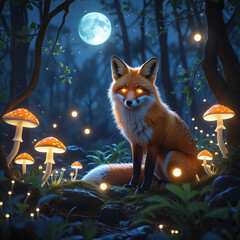 Magical Deer in Enchanted Forest with Glowing Lights at Night – Fantasy Wildlife Scene, Generated with AI