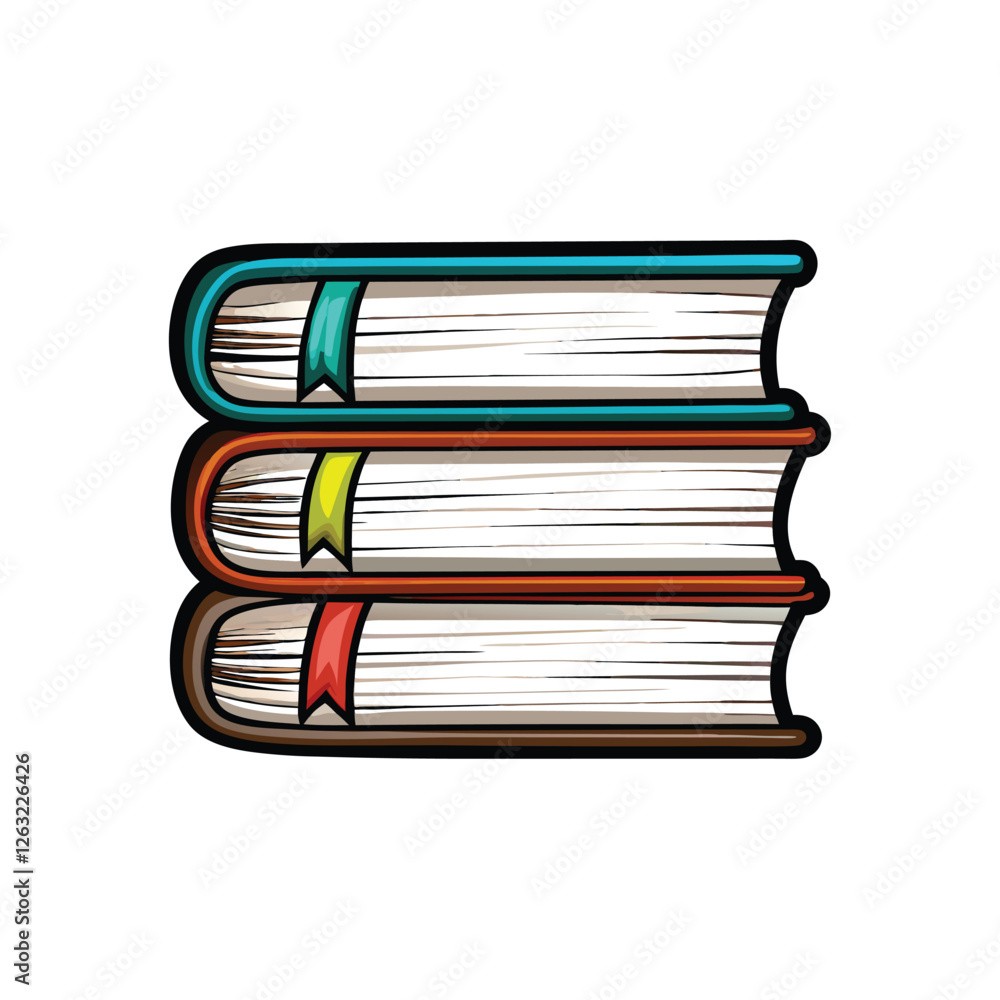 Poster create a clean, editable stroke vector graphic of a neatly stacked pile of books with a prominent bo