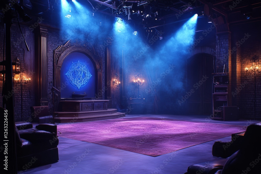 Poster empty stage illuminated with blue lights and purple carpet with a mystic symbol in the background cr