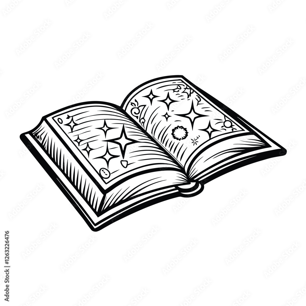 Aufkleber create a vector illustration of an open book with a glowing, magical spar emanating from its pages. 