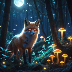 Magical Deer in Enchanted Forest with Glowing Lights at Night – Fantasy Wildlife Scene, Generated with AI