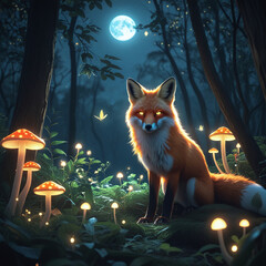 Magical Deer in Enchanted Forest with Glowing Lights at Night – Fantasy Wildlife Scene, Generated with AI