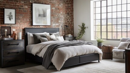 Modern industrial bedroom with black steel furniture, layered bedding, and a weathered brick accent wall