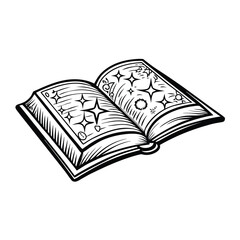 Create a vector illustration of an open book with a glowing, magical spar emanating from its pages.  Editable stroke paths are required.
