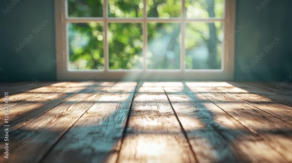 Poster warm sunlight streams through a window, casting a pattern of light and shadow on a rustic wooden flo