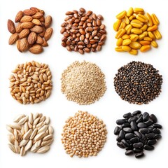 Naklejka premium Diverse Variety of Raw Nuts and Seeds Arranged in a Grid on a Light Background for Healthy Eating Concepts