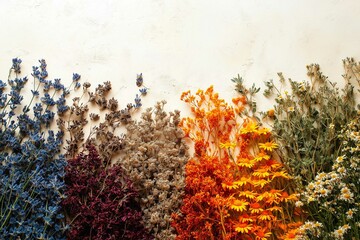 assortment of dry tea, healing herbs in with chamomile and essentials, panorama backgrounds banner.