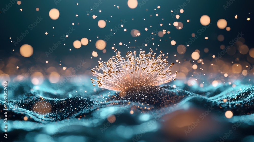 Poster an abstract representation of radiation, with glowing particles and waves emanating from a central p