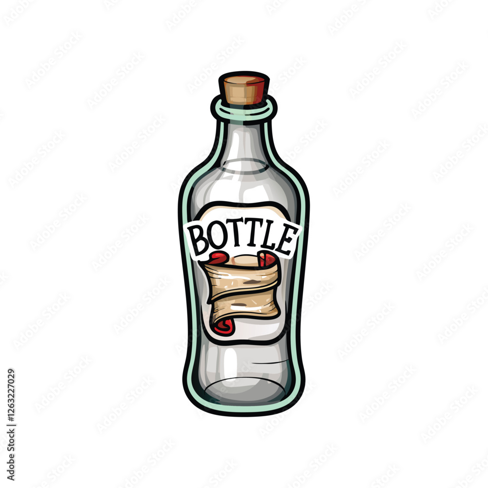 Poster editable vector illustration of a glass bottle containing a rolled-up message, featuring clean lines