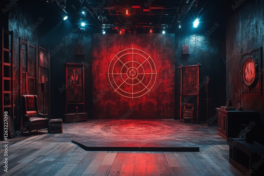 Poster empty stage illuminated with red lights, featuring occult symbols and props, creating a mysterious a