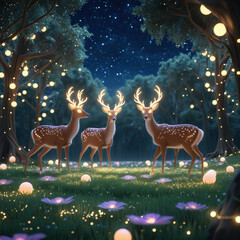 Magical Deer in Enchanted Forest with Glowing Lights at Night – Fantasy Wildlife Scene, Generated with AI